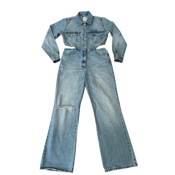 Zara Women Blue Full Length Wide Leg Denim Jumpsuit With Side Cut-Outs Size XL - Picture 2 of 9
